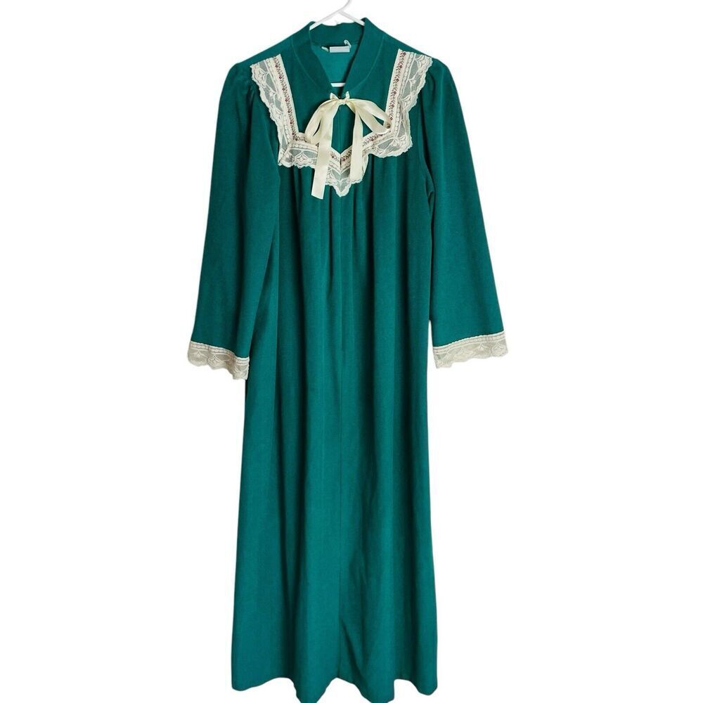 Vintage Katie O'Brian Robe Womens L Green‎ Zip Front Lace Bodice Prairie Granny